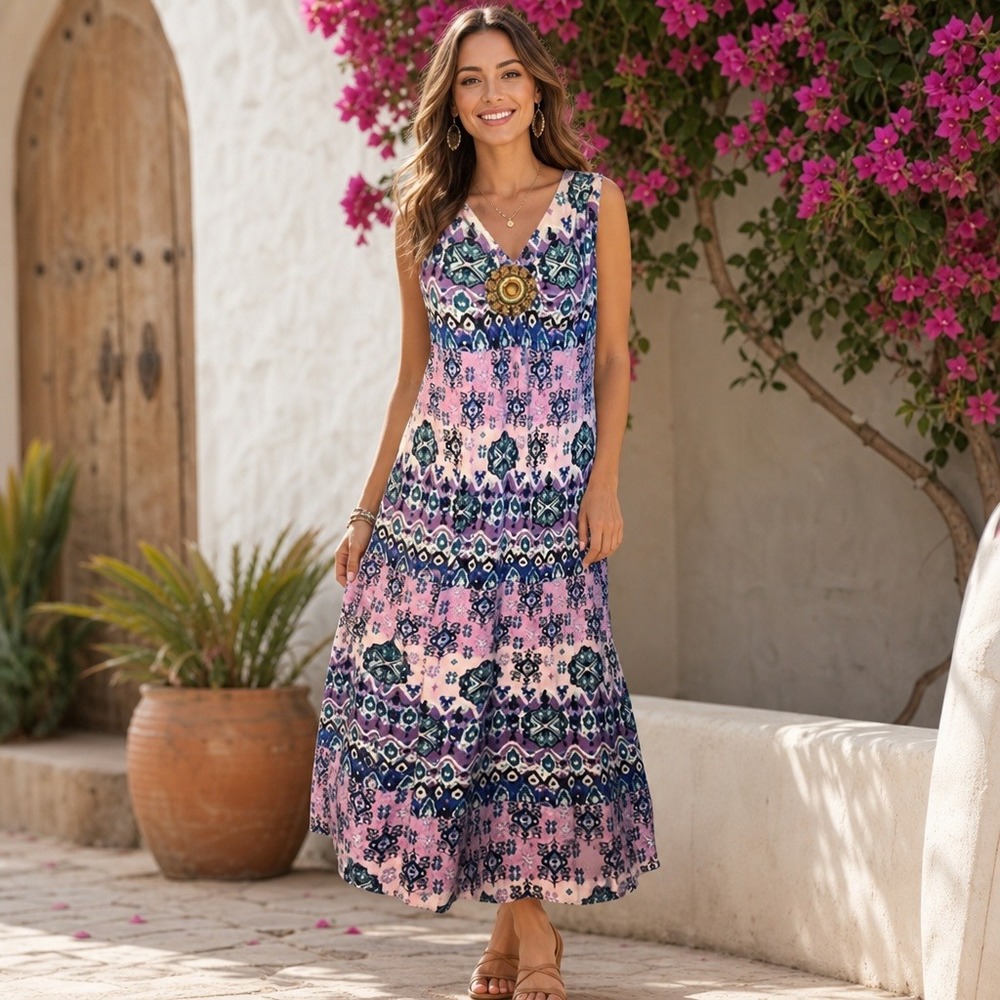 Sleeveless Maxi Dress Boho Tribal Beaded Embellished Womens 1X Purple Western